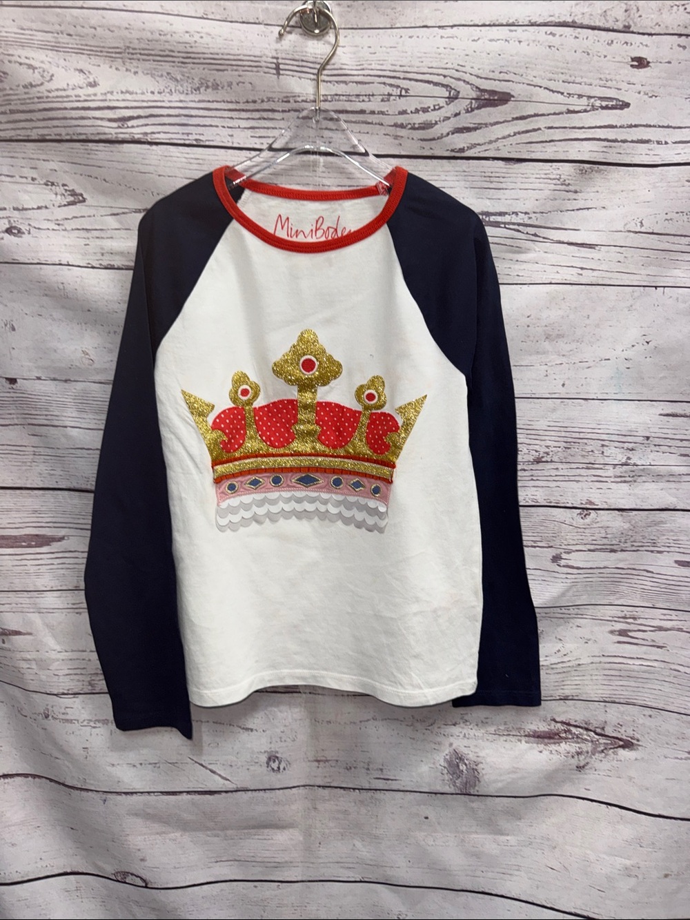 Mini Boden White & Navy Long-Sleeve Tee with Glitter Crown Size 10